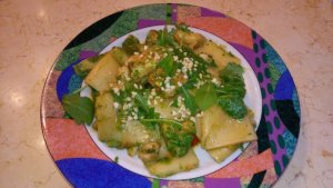 Paccheri con Seppia, Pesce Spada e Pesto di Rucola