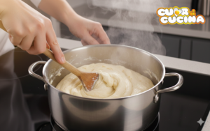Impasto dei Cuddureddi lavorato vigorosamente in pentola con un cucchiaio di legno.