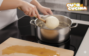 Impasto dei Cuddureddi siciliani che si stacca perfettamente dai bordi della pentola in acciaio formando una palla compatta