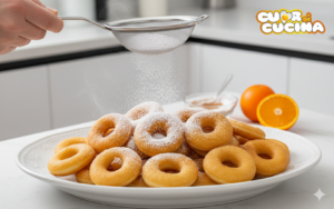 Vassoio di Cuddureddi siciliani dorati mentre vengono spolverati con zucchero a velo e cannella usando un setaccio.