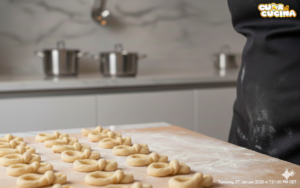 Cuddureddi siciliani artigianali pronti per la frittura, disposti su una spianatoia di legno con la classica forma a caramella.