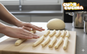 Mani che modellano cordoncini di impasto di spessore uniforme su una spianatoia di legno per i Cuddureddi siciliani.