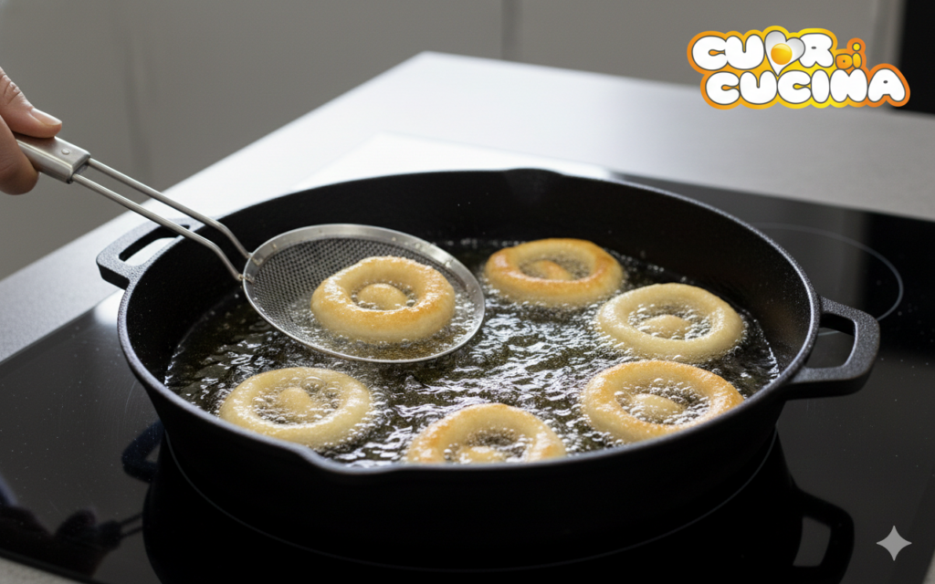 Frittura dei Cuddureddi siciliani in olio di arachidi all'interno di una padella in ghisa su piano a induzione.