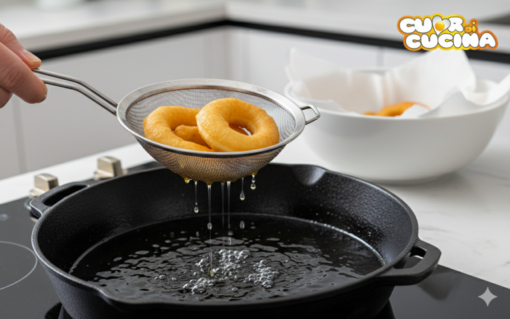 Cuddureddi siciliani appena fritti sollevati dall'olio con un ragno da cucina per eliminare l'unto in eccesso.