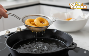 Cuddureddi siciliani appena fritti sollevati dall'olio con un ragno da cucina per eliminare l'unto in eccesso.