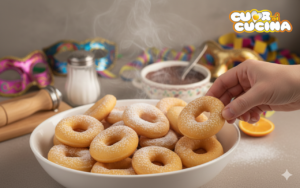 Una mano prende una soffice frittella siciliana calda e zuccherata da una ciotola, con maschere di Carnevale e coriandoli sullo sfondo.