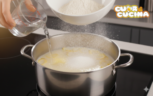 Aggiunta a pioggia della farina 00 e della semola nel liquido bollente.