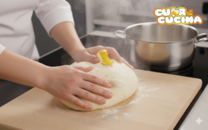 Mani che impastano il panetto caldo delle frittelle siciliane sulla spianatoia di legno con vapore.