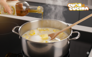 Preparazione dell'infuso aromatico con latte, burro e scorze di agrumi in pentola.