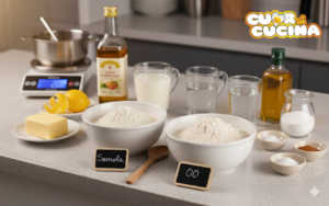 Ingredienti per la ricetta dei Cuddureddi siciliani di Carnevale disposti su un piano di lavoro.