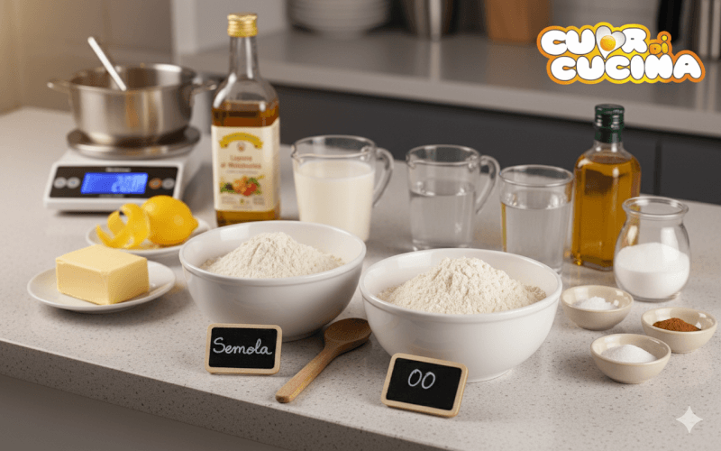 Ingredienti per la ricetta dei Cuddureddi siciliani di Carnevale disposti su un piano di lavoro.