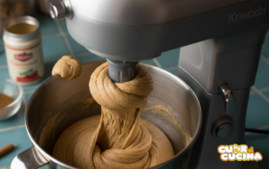 Impasto morbido ed elastico per biscotti alla cannella lavorato nel gancio della planetaria su un piano di lavoro azzurro.
