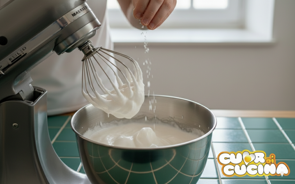 Albumi montati a neve ferma e lucida nella ciotola della planetaria.