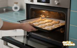 Teglia con biscotti a forma di chiave di violino mentre viene infornata in un forno moderno.