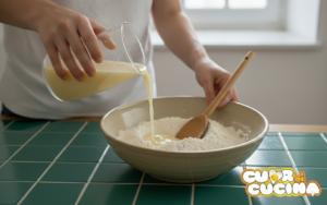 Versare l'emulsione di acqua, olio e succo di limone nella ciotola con la farina.