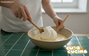 Incorporare gli albumi montati a neve nell'impasto della torta con una spatola.