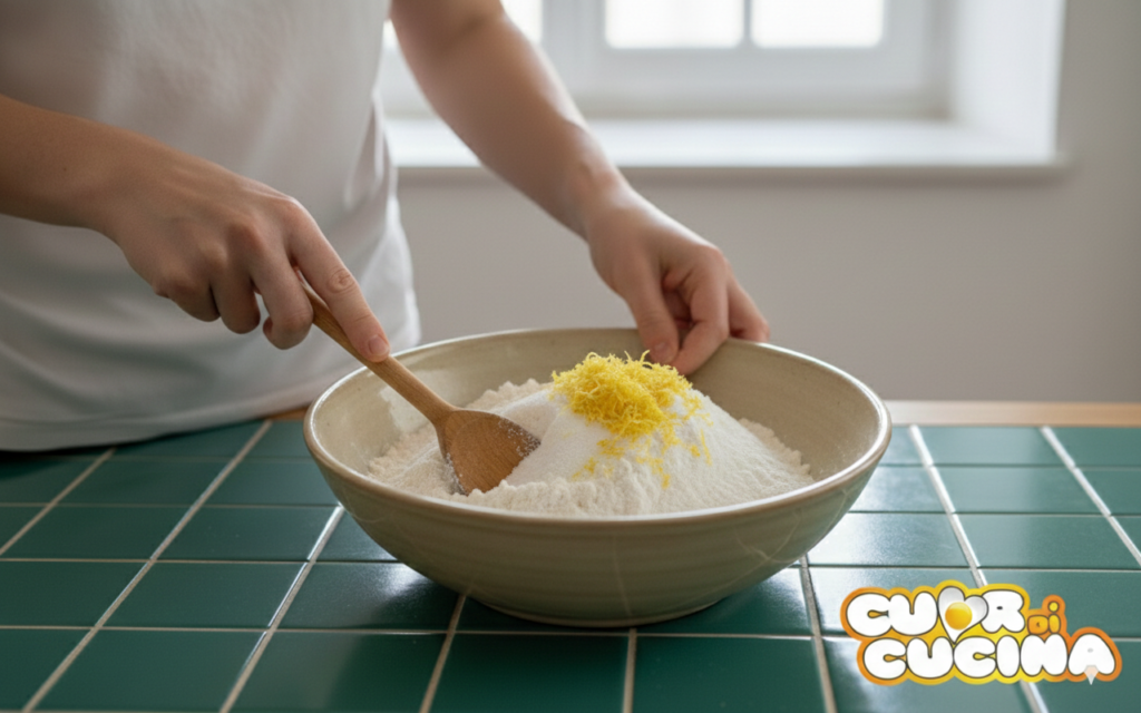 Mescolare farina, zucchero, lievito, zenzero e scorza di limone in una ciotola con un cucchiaio di legno.