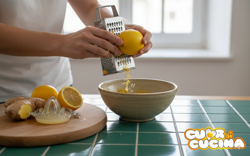 Grattugiare la buccia di limone e lo zenzero fresco in una ciotola.