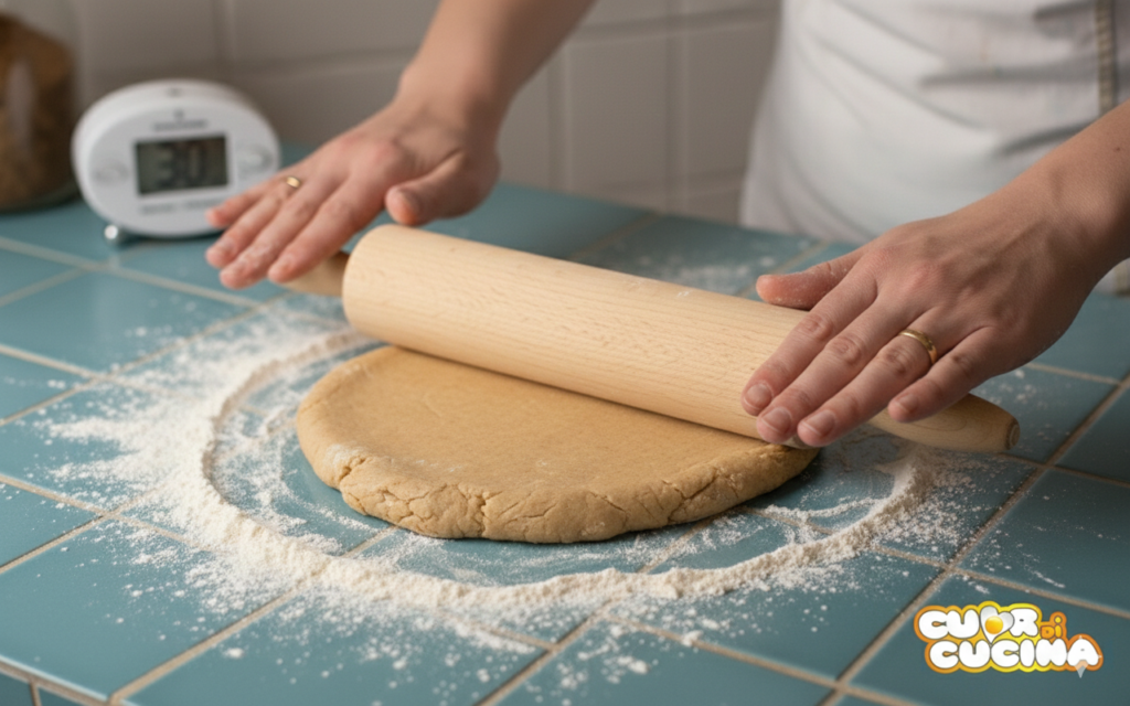Mani che stendono la pasta frolla alla cannella con un mattarello di legno su un piano di lavoro infarinato.