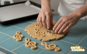 Mani che usano un taglia biscotti a forma di chiave di violino sulla pasta frolla alla cannella.
